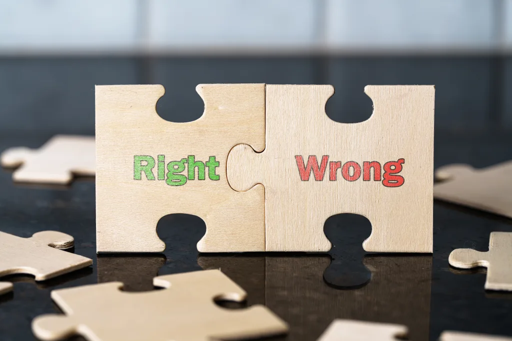 Right,Wrong,Moral,Dilemma,,Wooden,Puzzle,Pieces,Symbolism
