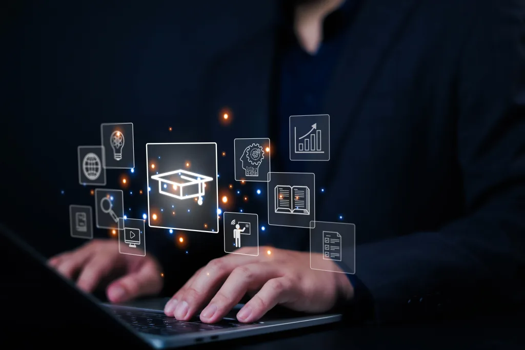 E-learning,Concept,,Businessman,Showing,Icons,In,Of,Front,Him.,Learning
